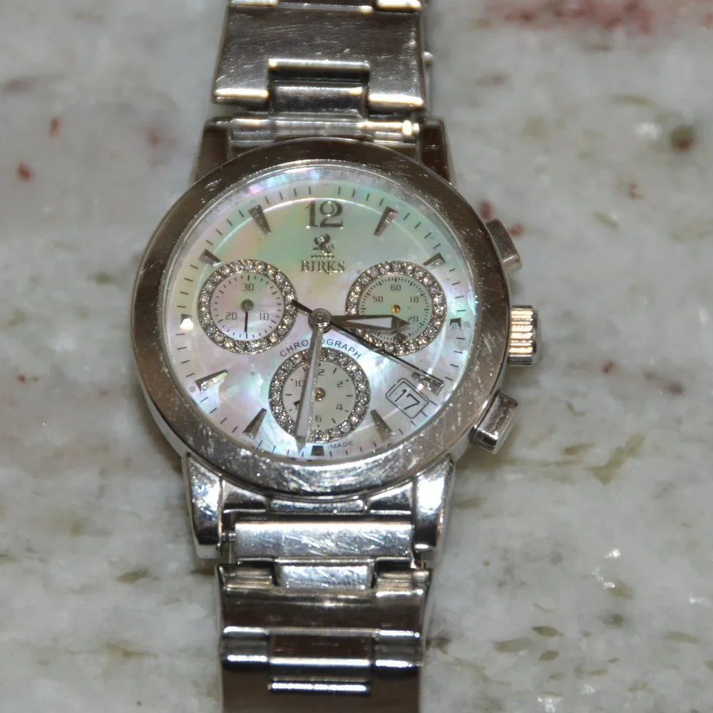 RARE VINTAGE ESTATE MAYORS BIRKS DIAMOND WHITE MOP CHRONOGRAPH SILVER BAND WATCH